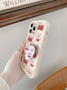 1pc Phone Case With Heart-Shaped Phone Holder, Butterfly & Cherry Pattern, Camera Protection Design Compatible With Iphone 11 Pro Max/12 Pro Max/13 Pro Max/14 Pro Max/15 Pro Max/IPhone 16 Plus/IPhone 16 Pro Max, Redmi, OPPO/Realme, VIVO, Infinix, Honor, MOTO, Itel, One Plus - White - View 3