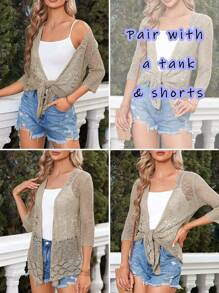 Womens Sheer Crochet Knit 3/4 Sleeve Tie Bolero Jacket Shrug Sweaters - Open Front Tops - Màu Khaki - Xem 6