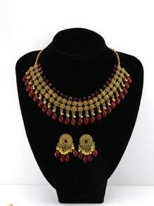 1 Set: 1 Pair Geometric Rectangle Chain Necklace + 1 Pair Colorful Beaded Tassel Dangle Earrings, Alloy Material, Classical Style, Rhinestone Inlaid, Suitable For Holidays, Parties, Vacations, Events, For Women - Multicolor - View 5