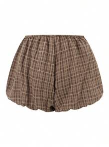 Womens Plaid Shorts Elastic Waist Bloomer Shorts Casual Short Pants Summer Streetwear - Khaki - View 9