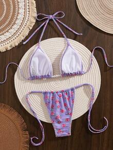 New Soft Fabric Floral Print Halter Spaghetti Strap Bikini Swimwear Set With Pearl Decor, Elegant And Fashionable For Beach Party In Summer - Purple - View 3