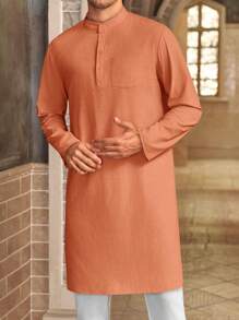 Runcati Men's Casual Cotton Kaftan Robe Button Down Long Sleeve Henley Thobe Side Split Gown - 橘色 - 查看 3