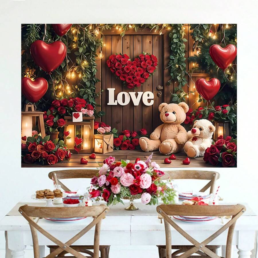 1 pezzo di sfondo fotografico per San Valentino, con rose e orsacchiotto, sfondo romantico d'amore con scritta "Ti amo", decorazione per festa di San Valentino, accessori per studio fotografico, senza alimentazione, dimensioni 82,7 x 59,1 x 39,4/39,4 x 29,5 pollici