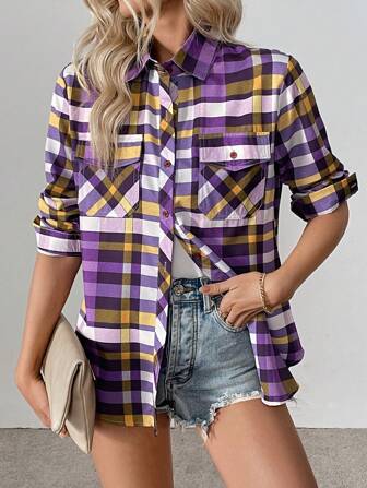 长袖格子印花翻领前扣口袋衬衫