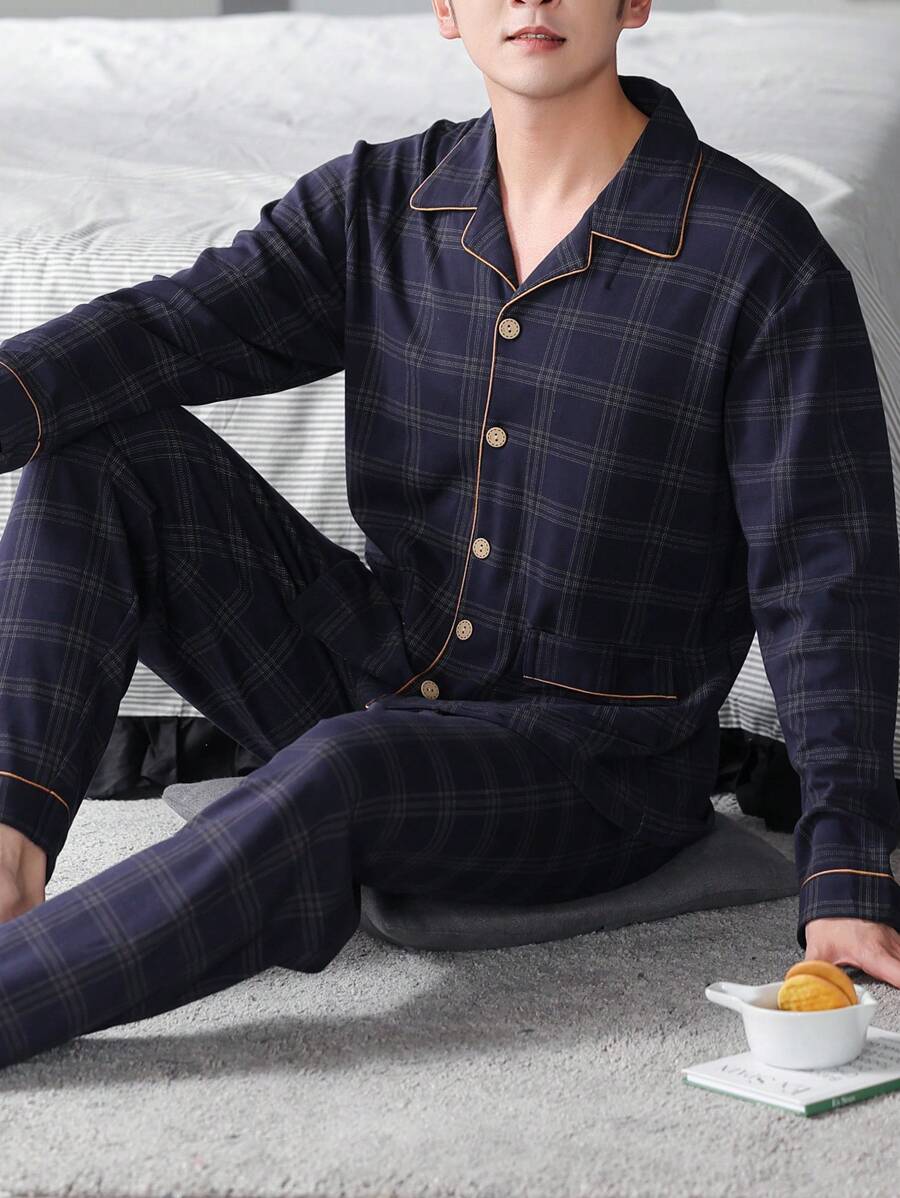 2pcs Men's Plaid Knit Robe Sleepwear Set With Pants, Breathable And Moisture Wicking, Spring & Autumn, Fall Winter Clothes