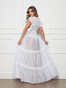 Beach Cover-Up Elegant Long Dress With Ruffle And Tie - trắng - Xem 6