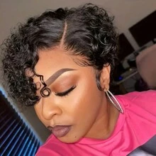 150% Density 13x4x1 T Part Lace Short Pixie Cut Curly Wave Wig Remy Human Hair Wig