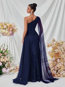 Elisanya Women's Long One Shoulder Flowy Slit Front Formal Dress, Suitable For Ball, Party, Banquet, Evening Gown Elegant Sequin - Navy Blue - View 2