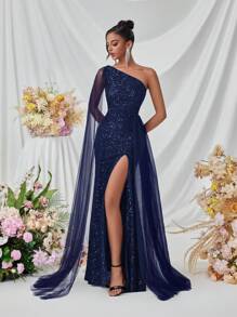 Elisanya Women's Long One Shoulder Flowy Slit Front Formal Dress, Suitable For Ball, Party, Banquet, Evening Gown Elegant Sequin - Navy Blue - View 5