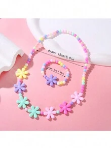 2 pièces le set : Collier et bracelet mignons de couleur bonbon, bijoux pour enfants avec perles, couleurs et design floral aléatoires