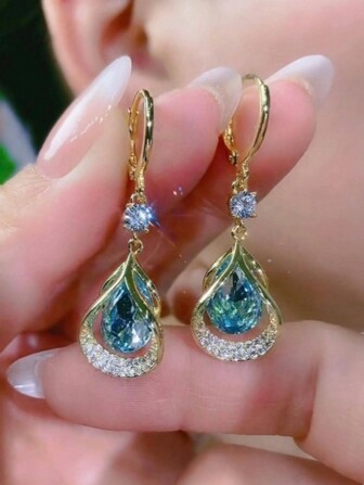 1 Pair Fashion Crystal Water Drop Geometric Rhinestone Dangle Earrings