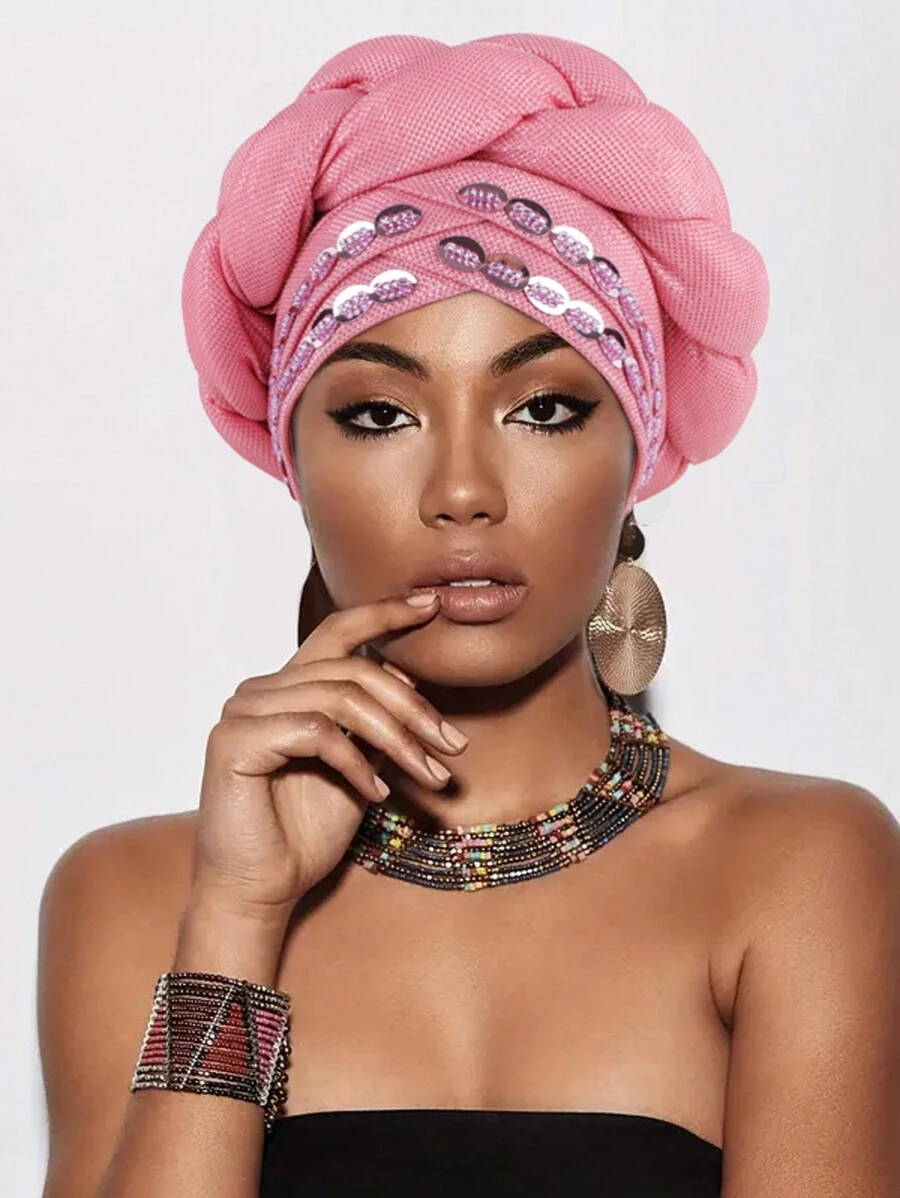 1pc New Handmade Sequins Braided Turban Hat
