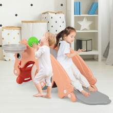 Homasis 3-In-1 Kids Slide Rocking Horse Set Convertible Toddler Slide W/ Basketball Hoop - Pink - View 4