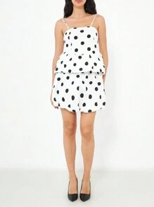 Conjunto de verano y primavera de moda elegante y casual para dama con diseño de volantes de estampado de lunares, top halter sin tirantes elástico y falda globo de dos piezas