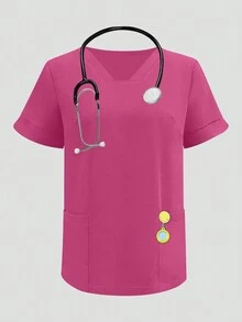 Bộ đồng phục y tế/phòng thí nghiệm gồm áo tay ngắn cổ chữ V màu trơn và quần dài xẻ tà, có túi, thích hợp cho mùa xuân. - Màu Hồng Tươi - Xem 5