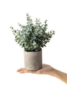 1pc Kunstmatige Vorstwitte Eucalyptus Plantenpot, Echte Touch Nep Plastic Eucalyptus Bladeren En Rozemarijn Bladeren Cluster Pot Groene Plant Nep Pot Met Grijze Papierpulp Pot Kleine Kamerplant Voor Thuis Binnen Plank, Bureau, Thuis Badkamer, Boerderij, Kamer, Tafeldecoratie
