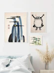 1 PIEZA Cartel de acuarela de animales, impresión en lienzo, impresión de grulla antigua y rana gordo y tonto, arte japonés, cartel de acuarela de animales vintage, decoración de pared de estilo granja, decoración de arte moderno, arte de pared, decoración para sala de estar, dormitorio, oficina, sin marco