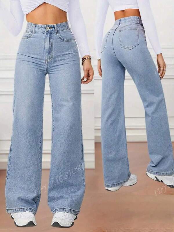 Jeans Clásicos Lavados para Mujer - Pierna Recta, Sin Elastizar, Color Sólido, Estilo Urbano, Uso Todo el Año