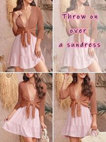 Womens Sheer Crochet Knit 3/4 Sleeve Tie Bolero Jacket Shrug Sweaters - Open Front Tops - 磚紅色 - 查看 5