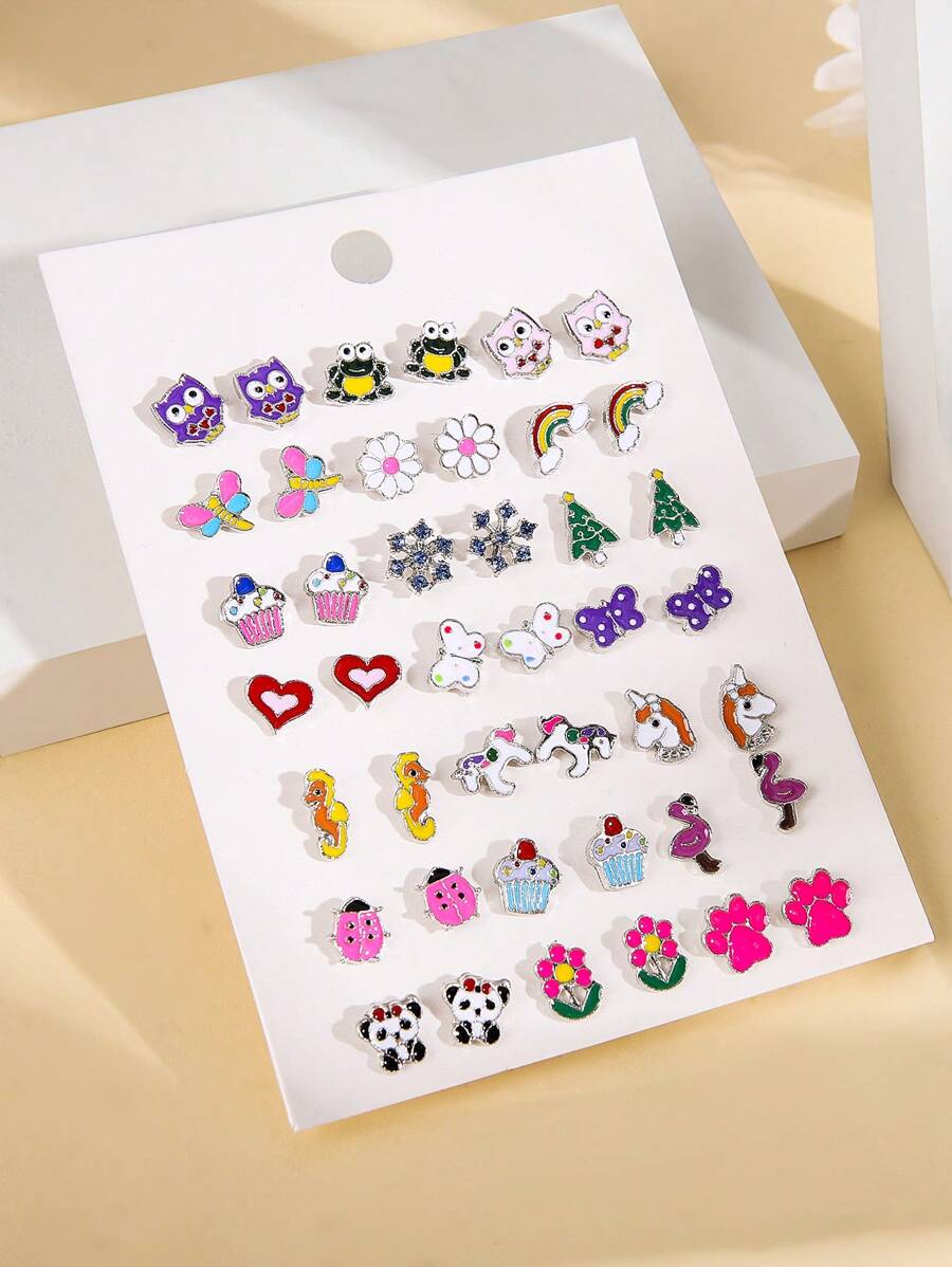 21 peças/Conjunto Brincos de Ponto Temáticos de Animais Fofos em Desenho Animado, Incluindo Coruja, Sapo, Arco-íris, Floco de Neve, Borboleta, Unicórnio, Joaninha, Panda, Flamingo, Cavalo-marinho para Adolescentes