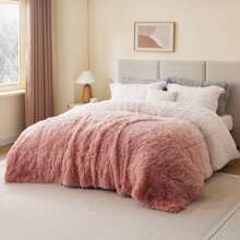 毛茸茸的毛皮被子套装，现代休闲超柔软四季蓬松床上用品，带配套枕套，3 件套 - 藕粉色 - 查看 10