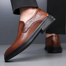No Shoelace Baroque Men's Shoes British Set Foot Without Lacing Synthesized Brown Brogue Leather Shoes Lazy Loafers