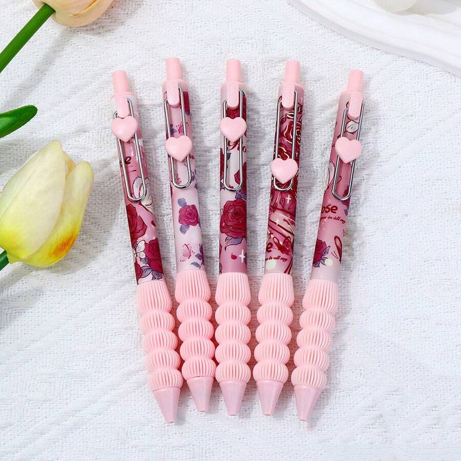 Hộp 5 bút bi hình trái tim màu hồng, bút bi hình hoa hồng đỏ lãng mạn, món quà nhỏ cho ngày Valentine. - Nhiều màu - Xem 1