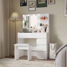 Vanity, Makeup Vanity Desk Set With Mirror & Light, Dressing Table Storage Lots With Power Strip, 3 Lighting Modes With Adjustable Brightness, 37 Inches  (White With Stool)