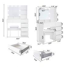 Vanity, Makeup Vanity Desk Set With Mirror & Light, Dressing Table Storage Lots With Power Strip, 3 Lighting Modes With Adjustable Brightness, 37 Inches  (White With Stool)