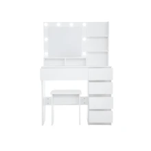 Vanity, Makeup Vanity Desk Set With Mirror & Light, Dressing Table Storage Lots With Power Strip, 3 Lighting Modes With Adjustable Brightness, 37 Inches  (White With Stool)