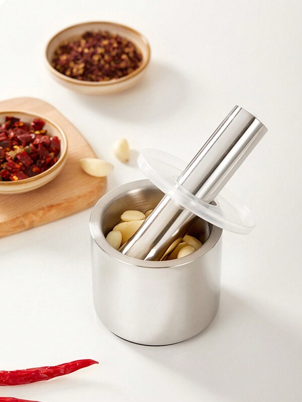 1pc 304 Stainless Steel Manual Garlic Press Crusher Herb Grinder Masher Mortar And Pestle For Home Use