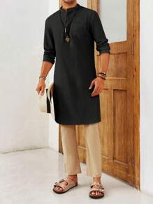 Runcati Men's Casual Cotton Kaftan Robe Button Down Long Sleeve Henley Thobe Side Split Gown - 黑色 - 查看 5