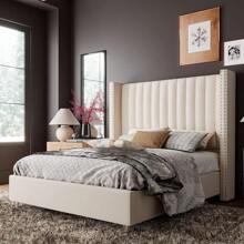 Upholstered Platform Bed Frame With Tall Wingback Headboard, Velvet Vertical Channel Tufting, No Box Spring Needed, Easy Assembly - 奶油 - 查看 1