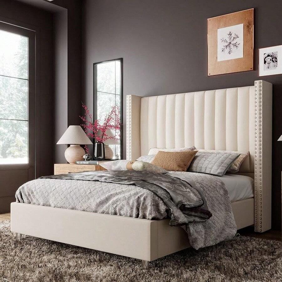 Upholstered Platform Bed Frame With Tall Wingback Headboard, Velvet Vertical Channel Tufting, No Box Spring Needed, Easy Assembly - 奶油 - 查看 1