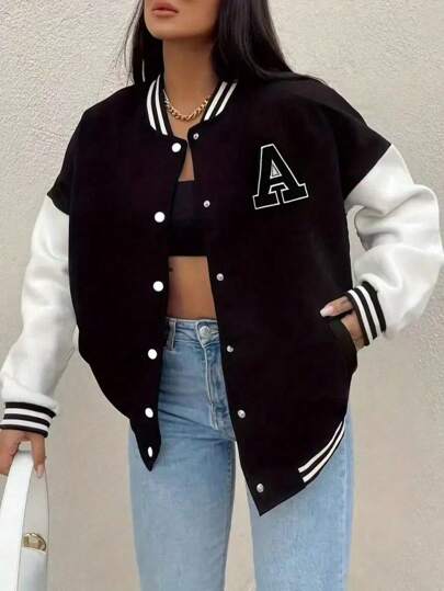 Women's Black & White Contrast Color Baseball Jacket, Letter Embroidery Accent, American Style Spring