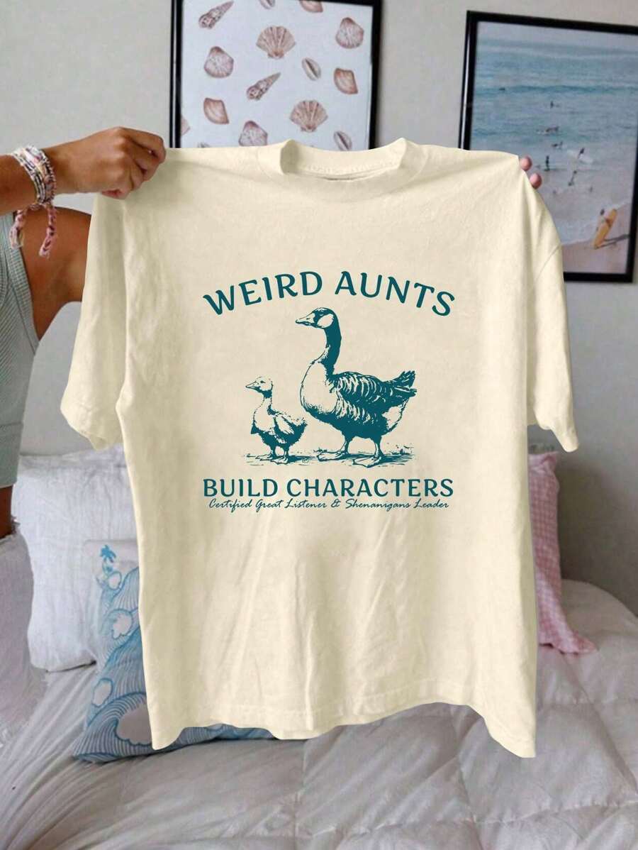Silly Goose Weird Aunt Graphic Print T-Shirt, Short Sleeve Crew Neck Casual Top For Summer & Spring, Women's Clothing