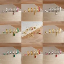 Conjunto de 5 piezas de pendientes con aro en cascada con colgante cuadrado enchapado en oro de 18K, para mujer. Incluye pendientes de cartílago con cubic zirconia rosa, de cobre y acero inoxidable