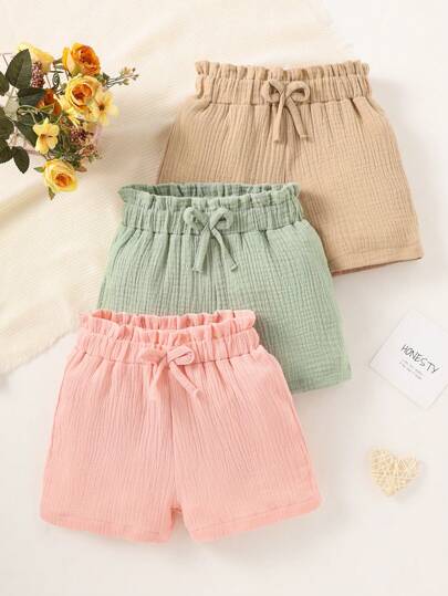 3-delat set för unga flickor, enfärgade, casual shorts, ytterkläder, tunna byxor, sommar, mångsidig