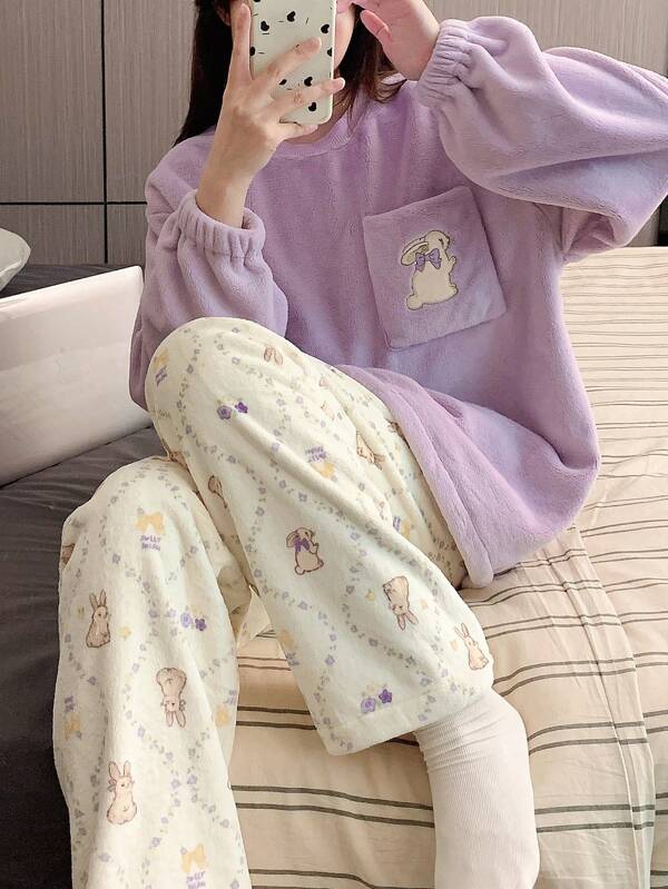 Flannel Women's Fluffy Pajama Set - Cute Cartoon Embroidered Fleece Long Sleeve Top And Pants, Purple Comfortable Loungewear, Fall/Winter Clothes