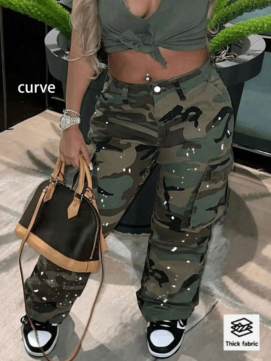 European And American Street Hot Personalized Camouflage Paint Spot Summer Women's Plus Size Casual Straight Leg Jeans - 軍綠 - 查看 1