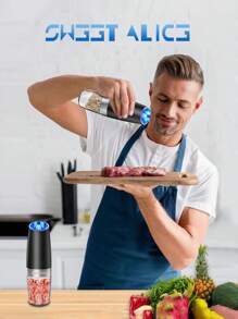 Electric Salt And Pepper Grinder Set Automatic Salt And Pepper Grinder Set With LED Light, Battery Operated, Adjustable Coarseness, Large Capacity, For Home Kitchen BBQ Single-Handed Automatic Operation Stainless Steel - Black - View 7