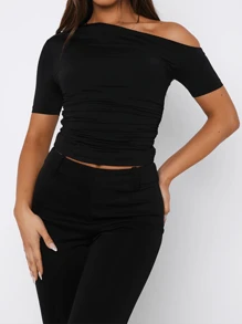 WOWDARK 女款秋季露肩褶饰短袖上衣 - 黑色 - 查看 6