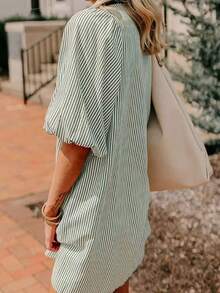 Ladies' Holiday Bubble Sleeve Shirt Dress, Summer New Striped Printed Straight Leg Short Dress - Green - View 4