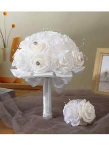 1 件白玫瑰新娘花束，装饰有人造珍珠和砖块，婚礼新娘花束，婚礼摄影和装饰道具