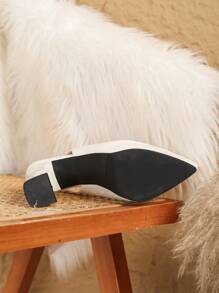 Women's White Pointed Toe Chunky Heel Pumps, Fashion Minimalist Shoes, Comfortable For Commuting, Party, Spring/Summer Formal Wear, Work (Run 1/2 Size Large) - Beige - View 6