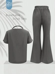 Solid Color V-Neck Short Sleeve Top And Split Leg Long Pants Lab Scrubs Nurse Scrub Uniform Set For Pet Hospital Clinic Private Care Workwear, Top And Pants With Pockets - Xám - Xem 4