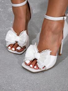 女士婚礼高跟鞋 - 仿珍珠蝴蝶结凉鞋，2025 年夏季新款，精致高跟鞋，方头，派对和晚会高跟鞋