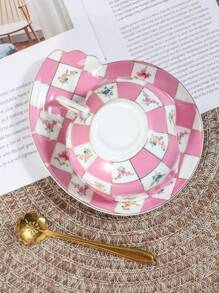 1 Set Ceramic Coffee Cup & Saucer, Creative Checkered Flower Design, Pink/Blue, Suitable For Home, Hotel, Cafe, Office Use