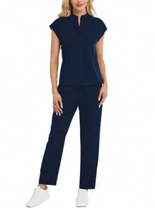 2pcs Solid Color Notched Neck Top And Pants Uniform Set Scrub Set