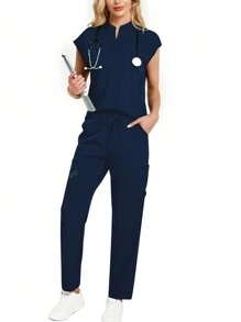 2pcs Solid Color Notched Neck Top And Pants Uniform Set Scrub Set